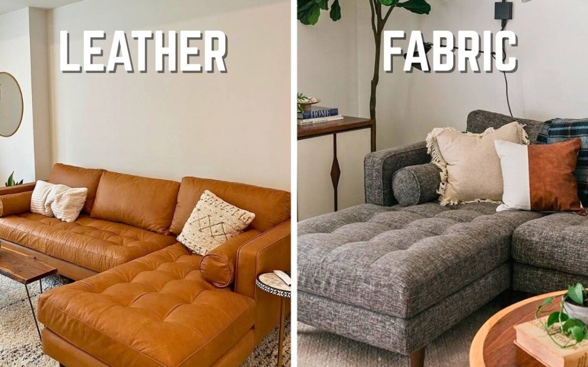 Side-by-side comparison of fabric and leather versions of a mid-century sofa similar to the Article Sven.