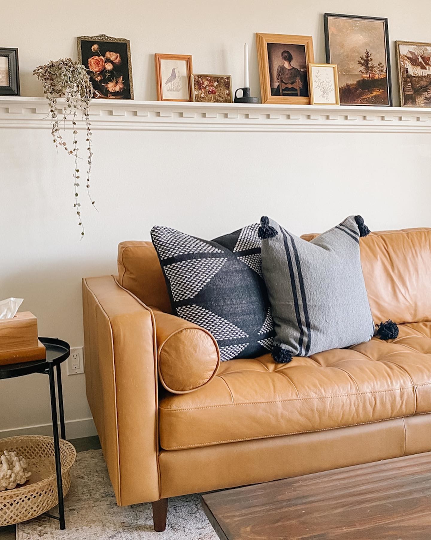 Close-up of the Article Sven sofa’s tufted bench cushion and stitching detail.